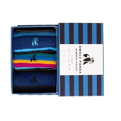Image of Swole Panda Luxury Super Soft Bamboo Socks For Men 3 Pack Gift Box Size 7 11 Blue Stripe