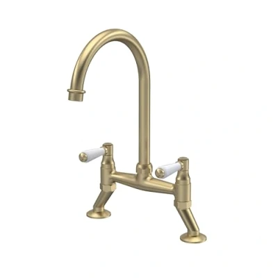 Image of Traditional Bridge Mixer Kitchen Tap with Lever Handles Brushed Brass