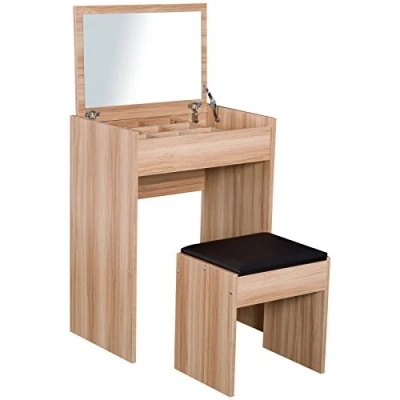Image of HOMCOM Dressing Table with Mirror and Stool, Vanity Makeup Flip Up Mirror, Desk Storage Unit Padded Seat, Wood
