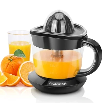 Image of Aigostar Orange Juicer Electric Citrus Juicer, 700ml Bowl with Scale, 2 Cones, Tow Way Rotation, Filter, Lemon for Lime Grapefruit, Black Percy 30AQ0