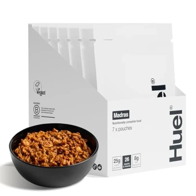 Image of Huel Hot &amp; Savoury Meal Packs, Madras, 7 Meals, Plant Based Protein with 25g Protein, 26 Vitamins Minerals, Vegan, Nutritionally Balanced, High Ready Meals