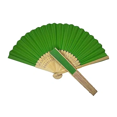 Image of Parev Green Paper Foldable Hand Held Bamboo Wooden Fan