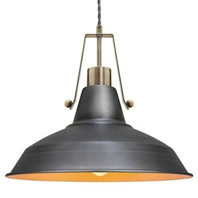 Image of Industrial Antique Brass Pendant Light Pewter Grey Ceiling Lamp Shade Metal Old Factory Retro Workshop Style M0175