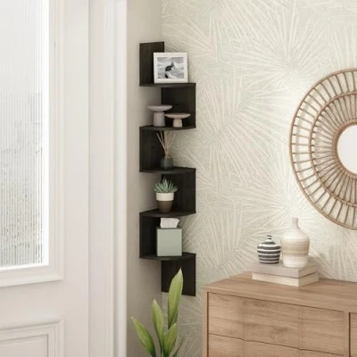 Image of Furinno 5 Tier Floating Corner Shelf, Wall Mount Shelves for Storage and Display, Espresso