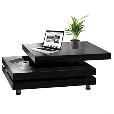 Image of CASARIA® Rotating Coffee Table High Gloss Finish 360 Rotatable Modern Contemporary Design Height Adjustable Feet 3 Tier Square Cube Living Room Side 76x76x30.5cm Black