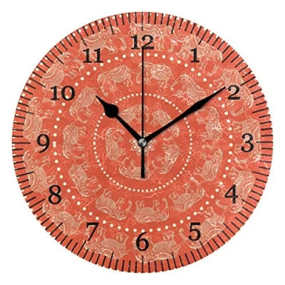 Image of linomo Ethnic Mandala Elephant Wall Clock Decor, Silent Non Ticking Round Quiet for Kitchen Living Room Bedroom Bathroom Office
