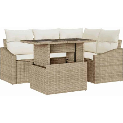 Image of vidaXL 5 Piece Garden Sofa Set with Cushions Beige Poly Rattan