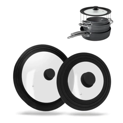 Image of Culinario Set of 2 Universal Lids Glass with Outlet Valve and Silicone Edge Diameter 16/18/20 cm 24/26/28 cm, Splash Guard