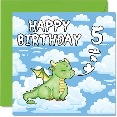Image of 5th Birthday Card Unisex Cute Dragon Happy 5 Year Old, 145mm x Greeting for Son Daughter Brother Sister Grandson Granddaughter Niece Nephew Cousin