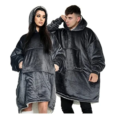 Image of GC GAVENO CAVAILIA Hug And Snug Hooded Blanket Giant Hoodies Oversized Sweatshirt, Fluffy Jumper Plain Charcoal Hoodie, One Size Hoody