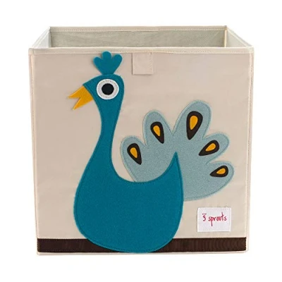Image of 3 Sprouts Toy Storage Cube 13 inch Kids Box Collapsible Fabric Organiser Bin for Nursery, Children’s Room, Playroom, Peacock