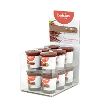 Image of Bolsius Mini Scented Candle Oud Wood Brown Pack of 12 Long Burning Time 15 Hours Votive Candles with Natural Extracts and Vegan Wax No Palm Oil