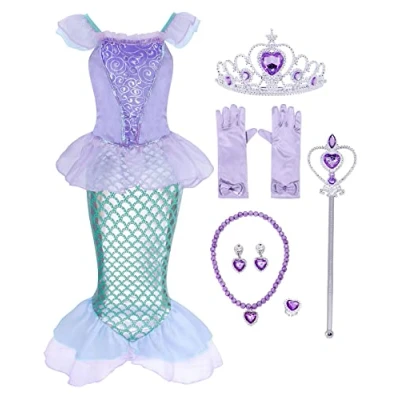 Image of AmzBarley Little Girls Mermaid Ariel Costume Dress up Kids Party Fancy Dresses Halloween Costumes Childs Holiday Birthday Outfit Purple+002 2 3 Years 100