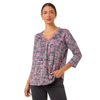 Image of Roman Womens Abstract Print Pleat Front Top Pink Size 16 UK