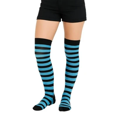 Image of Crazy Chick® Stripe Over The Knee Socks Thigh High Girls Stretchy OTK Fancy Dress (Black &amp; Turquoise)