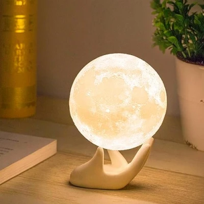 Image of Methun 3D Moon Lamp with 3.5 Inch Ceramic Base, LED Night Light, Mood Lighting Touch Control Brightness for Home Décor, Bedroom, Gifts Father Kids Women Birthday White &amp; Yellow