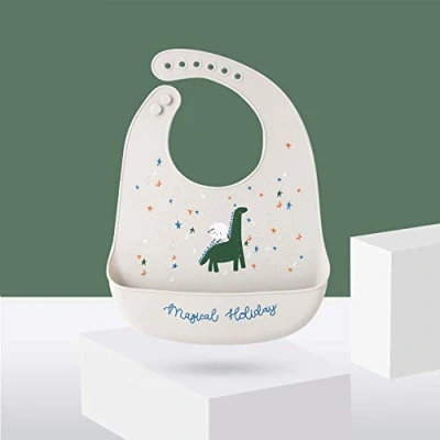 Image of Silicone Bibs for Baby, Treer Waterproof Soft Adjustable Roll up Feeding Drool Wipe Clean with Food Catcher Pocket Infants Toddlers (Green Dinosaur)