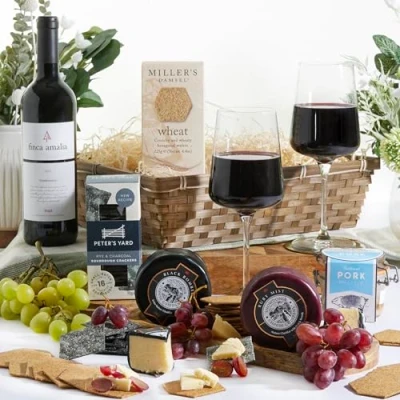 Image of Cheese and Wine Christmas Hamper, With Pate Award Winning Snowdonia Cheese, Rioja Red Wine, Gift Hamper Basket Xmas Food Hampers For Men &amp; Women, Set, by Clearwater