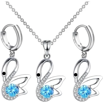 Image of FDEETY Jewelry Set Swan Pendant Necklace Earrings Crystal Cubic Zirconia Jewellery for Women and Girls Anniversary Valentines Gift (Blue)