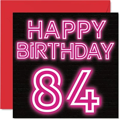 Image of Fun 84th Birthday Cards for Men Woman Neon Glow Happy Card Dad Mum Great Grandad Grandpa Nanny Grandma Gran Uncle Auntie, 145mm x Greeting Cards,