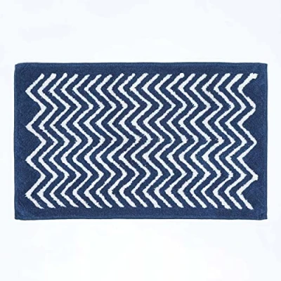Image of HOMESCAPES Super Absorbent Soft ‘Tidal’ Blue and White 100% Cotton Bathmat with Geometric Chevron Pattern Non Slip Latex Backing, 50 x 80 cm Large Shower Mat Machine Washable