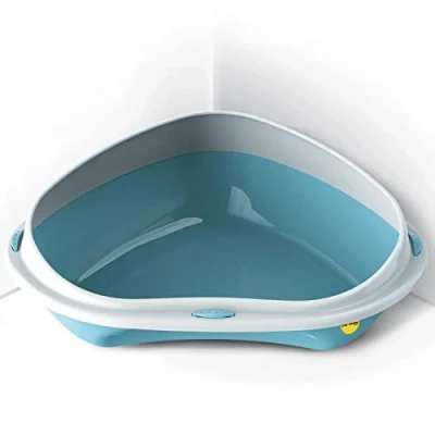 Image of Cat CENTRE Blue Jumbo Corner Open Litter Tray With Rim Kitten Pet Toilet Plastic Loo Pan Box Anti Spillage Lowered Entry Step Rounded Corners Detachable Easy Cleaning No Spilling