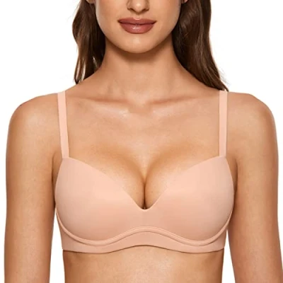 Image of DOBREVA Women&#039;s Push Up Bra Plunge Wireless Comfortable T Shirt Padded Bras Blush Beige 38C