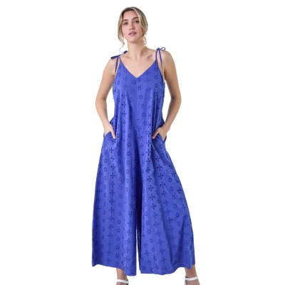 Image of Dusk Womens Cotton Broderie Pocket Wide Leg Jumpsuit Blue Size 12 UK