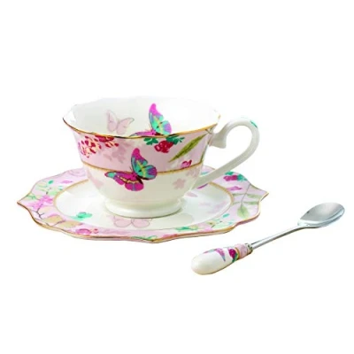 Image of YBK Tech Euro Style Cup&amp; Saucer Set Art Bone China Ceramic Tea Coffee Cup for Breakfast Home Kitchen Butterflies (Pink)