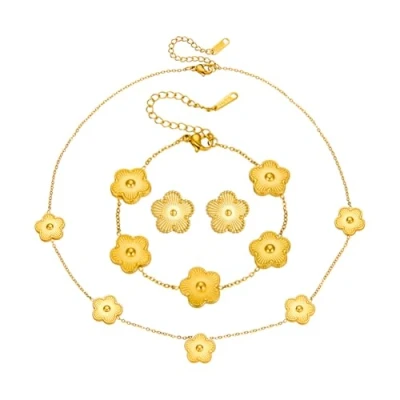 Image of Hanaoops Four Leaf Clover Jewelry Set for Women Girls 18K Gold Plated Necklace Stud Earrings Bracelet Stainless Steel Five Lucky Dainty Enamel Jewellery (Gold)