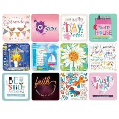 Image of Christian coasters, Pack of 12 cork each a different design, with Bible verses or inspirational words. Beautiful gifts for women men, by Just Cards Direct (C151a)