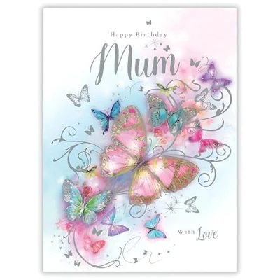 Image of Mum Birthday Card With Love Artistic Floral Butterfly Design Special Finishes Made in the UK Eco Friendly