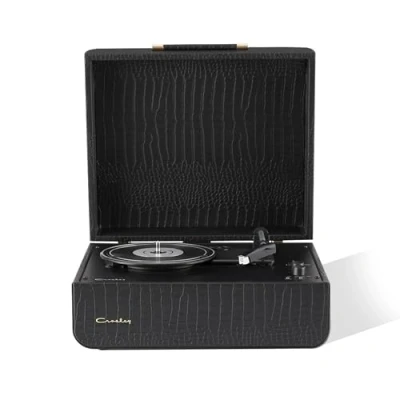 Image of Crosley Mercury Portable Turntable Bluetooth Record Player, 3 Speed Suitcase Vinyl Home Turntables for Records, Built in Stereo Speakers &amp; Receiver, AUX Input, Black