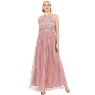 Image of Maya Deluxe Women&#039;s Ladies Bridesmaid Maxi Dress Halter Neck Sequin Embellished Prom Graduation Wedding, Vintage Rose, 20