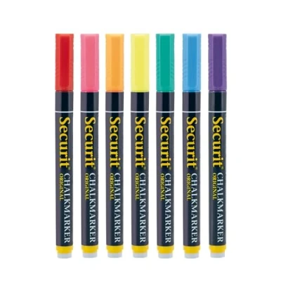 Image of Securit Original Multi Colour Chalk Marker Pen Blister Pack, 1 2mm Nib Pack of 7 Colourful, Liquid Pens, Whiteboard Markers, Pens for Blackboard, Coloured Erasable