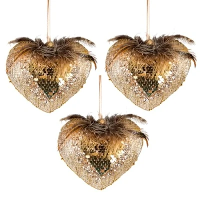 Image of 3Pcs Gold Sequin Heart 10cm Christmas Tree Hanging Decorations Festive Decorative Ornaments Fairy Tale Themed Xmas Pendant