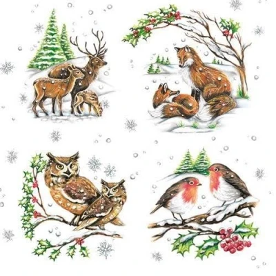 Image of 20 Napkins Animal Families in Winter Fox Owl Deer Birds 33 x cm