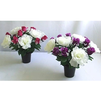 Image of Artificial Flower Arrangement in Crem Pot/Vase 30CM (PAIR, ONE OF EACH POT) (Rose/Rosebud)