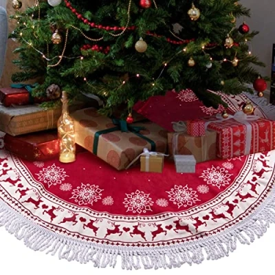 Image of UNOLIGA Christmas Tree Skirt Red, 127cm Large Xmas Skirt, Under Floor Mat, Rug Carpet Blanket, Base Bottom Cover, with Tassel Snowflake