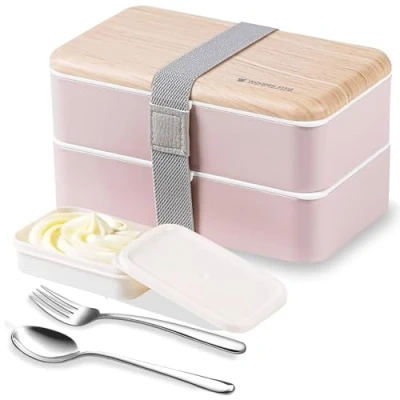 Image of Original Bento Box Lunch Boxes Container Bundle Divider Japanese style with stainless steel Utensils spoon and fork (Pink)