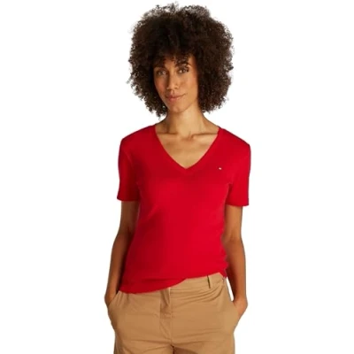 Image of Tommy Hilfiger Women&#039;s New Slim Cody V Neck Short Sleeve T Shirt, Red (Primary Red), S