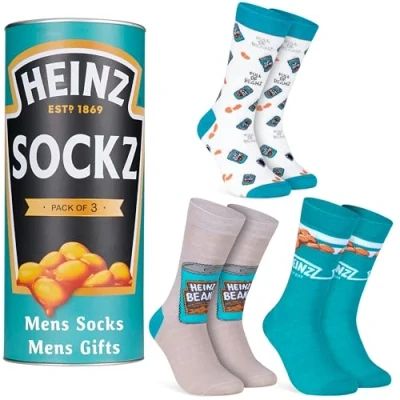 Image of HEINZ Mens Socks Pack of 3 Ketchup Baked Beans Crew for Men Teenagers Soft Breathable Size 8 11 Gifts Him (Teal Beans)