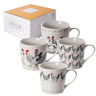 Image of SPOTTED DOG Gift COMPANY Mug Set of 4 Animal Coffee Mugs with Chicken Themed Design, Ceramic Porcelain China Tea Cups, Gifts for Lovers Women Men Box, 380ml