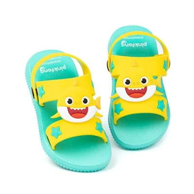 Image of Baby Shark Kids Sandals Blue &amp; Yellow Sliders with Supportive Strap for Boys Girls Singing Summer Beach Shoes Slip on Footwear Merchandise Gift Children and Toddlers