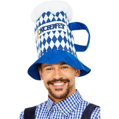Image of Smiffys Beer Festival Hat, Blue &amp; White Chequered with Handle, Oktoberfest Fancy Dress, Dress Up Hats
