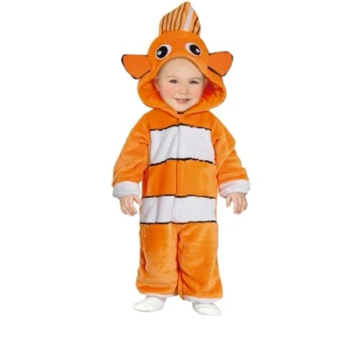 Image of FIESTAS GUIRCA Little Clown Fish Fancy Dress Costume for Baby Boy or Girl Orange and White Striped Onesie with Hood Age 18 24 Months
