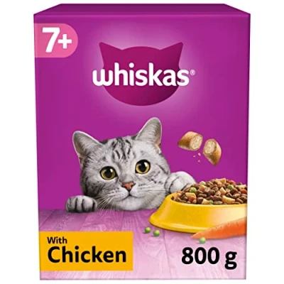 Image of Whiskas 7+ Chicken Pack of 5 x 800 g Bags, Senior Cat Dry Food