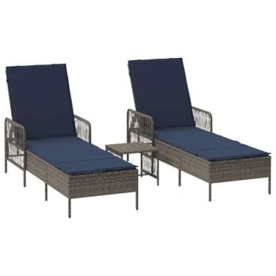 Image of vidaXL Padded Sun Lounger Grey and Navy Blue Outdoor Seating Furniture Adjustable Foldable Set with Table for Patio Balcony Garden Weatherproof Fashionable