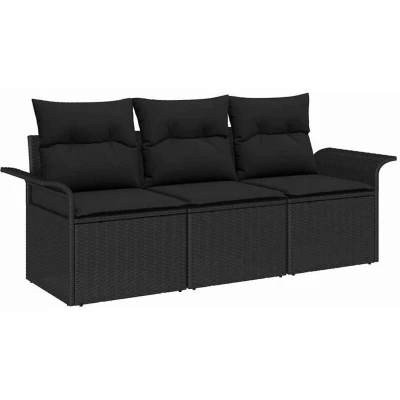 Image of vidaXL 3 Piece Garden Sofa Set with Cushions Black Poly Rattan