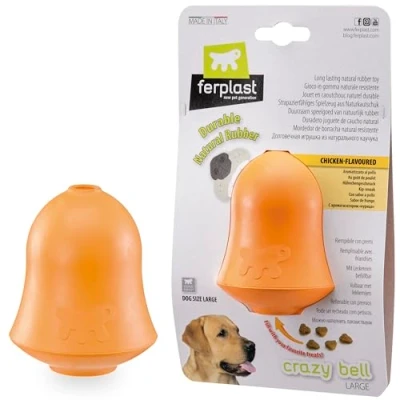 Image of Ferplast CRAZY BELL Dog Toy Refillable Dispenser for Extended Training Chicken Flavored Chewing Irregular Bouncing Ultra Durable Natural Rubber Large Dogs, Size L